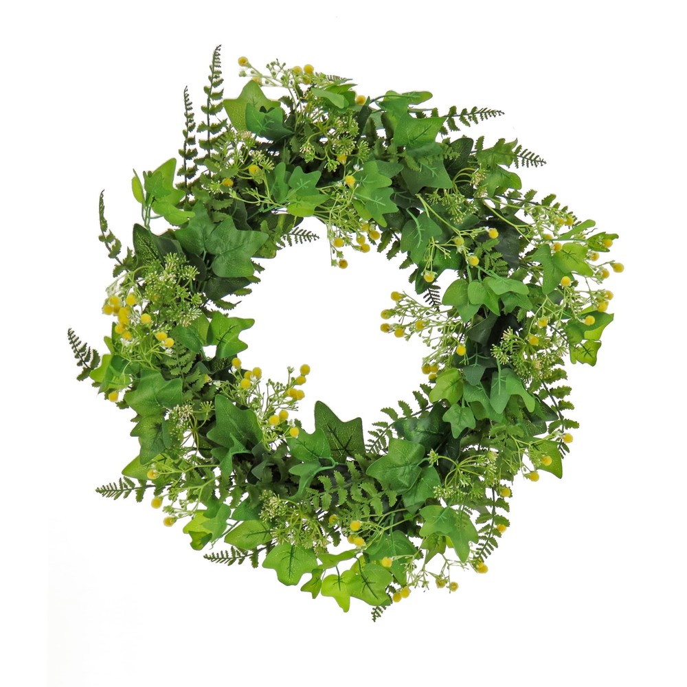 24-Inch Spring Wreath with Ivy Fern Seed Pods & Flowers for Door Decor