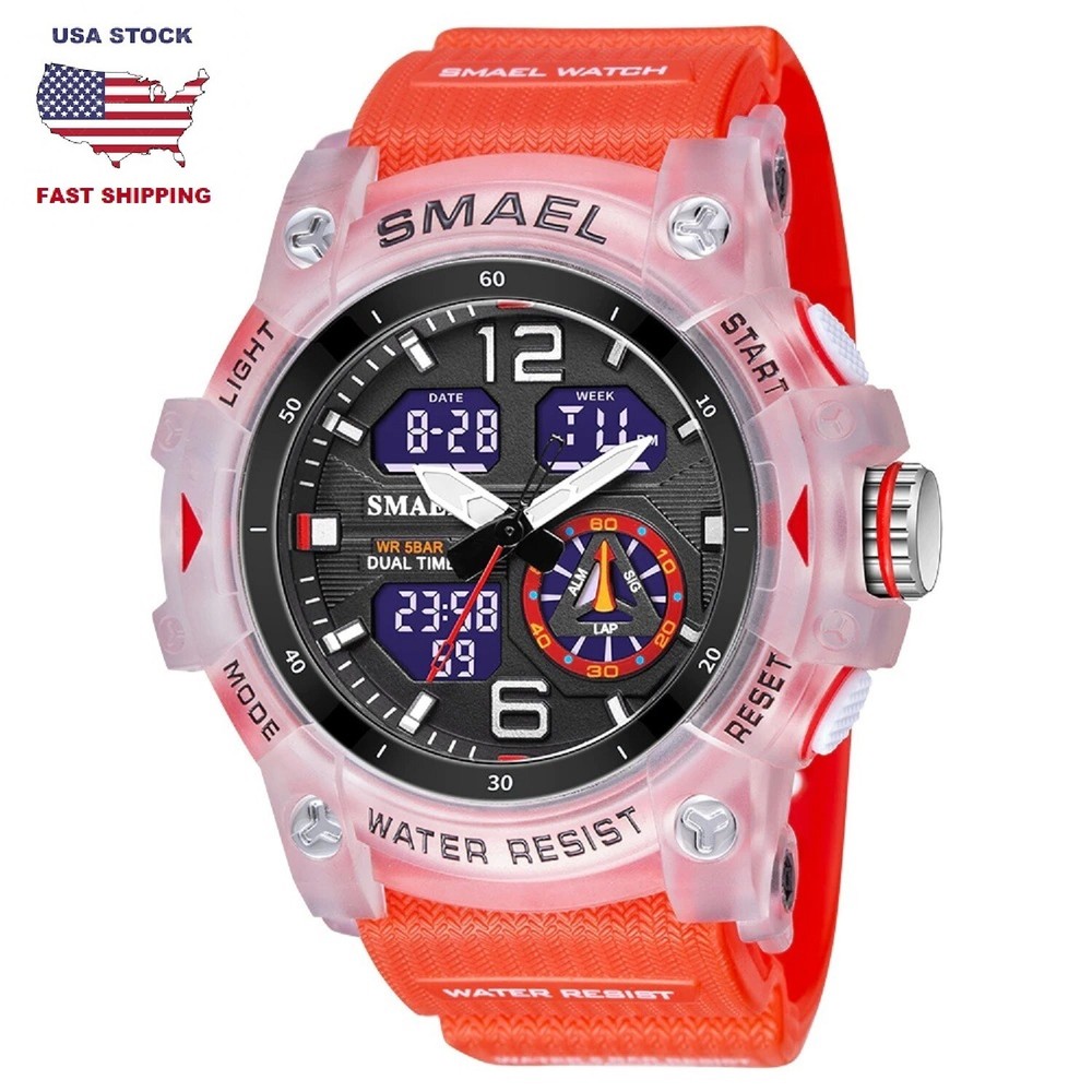 Men's Dual Display Sports Red Watch Waterproof LED US for Free Fast Shipping