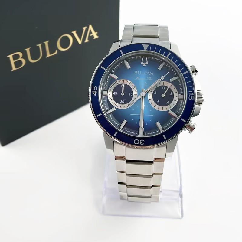 Bulova Classic Marine Star 96B380 Blue White Dial Men's Chronograph Watch 45mm