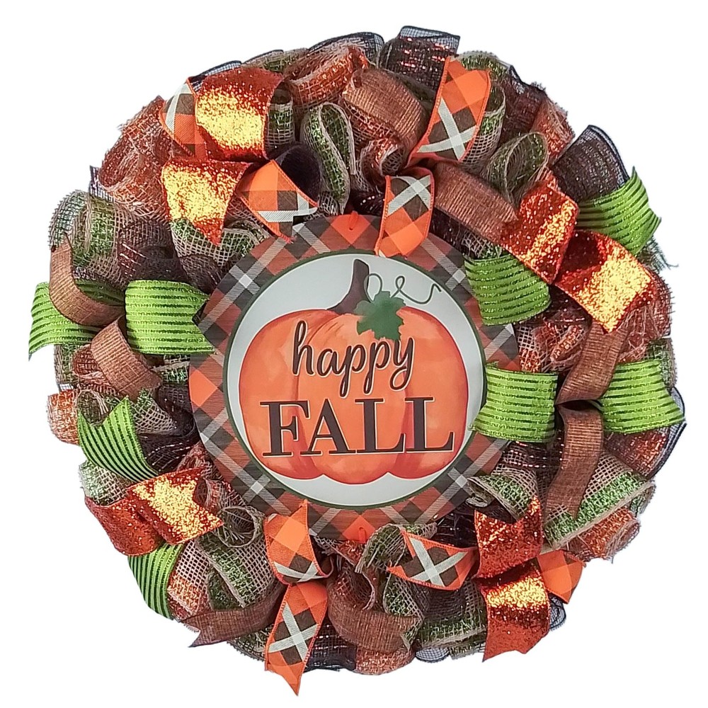 Happy Fall Pumpkin Thanksgiving Deco Mesh Wreath for Front Door in Brown