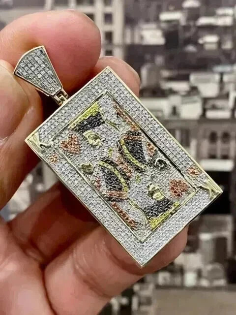 3 Ctw Round Cut Real Moissanite Poker Card men's Pendant 14K  Yellow Gold Plated