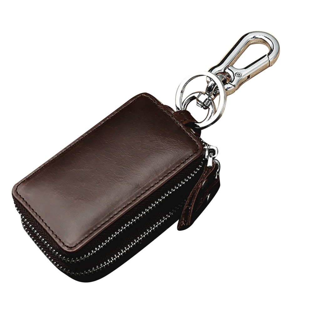 Double Layer Genuine Leather Car Key Case with Zipper Pouch-image