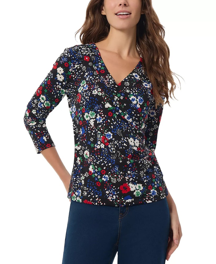Jones New York Women's Top Sz M Floral-Print Faux-Wrap
