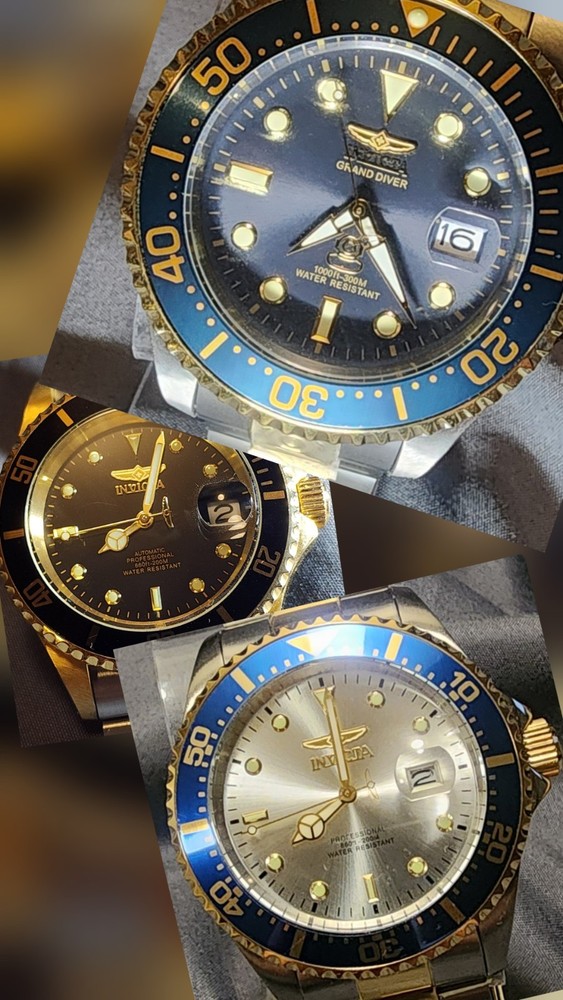 Invicta 3 Watches, 1Quartz, 2 Auto, All New, Stainless W/Gold Trim, Excellent