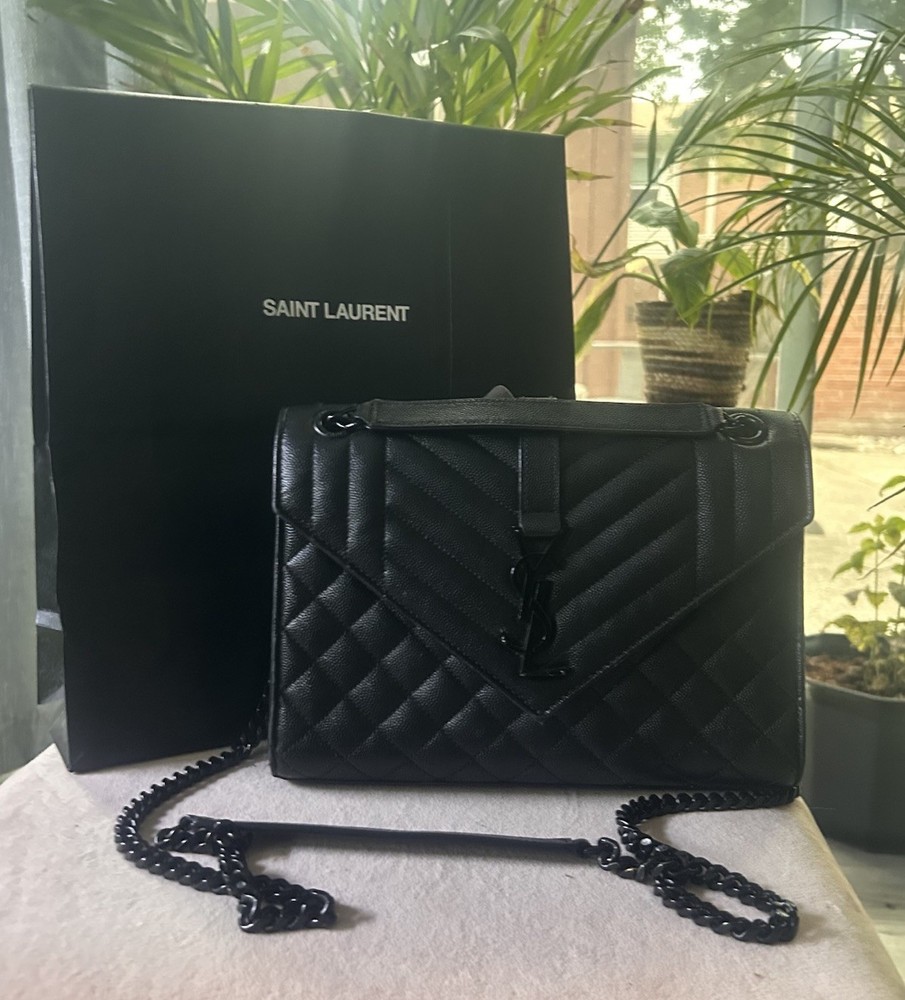 Authentic Yves Saint Laurent - YSL Black Hardware Quilted Medium Envelope Bag