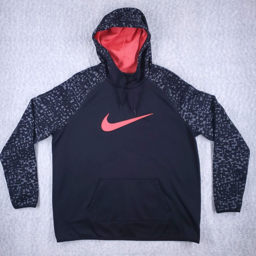 Nike Dri-Fit Sweatshirt Mens XL Black Red Swoosh Hoodie Pullover 56323