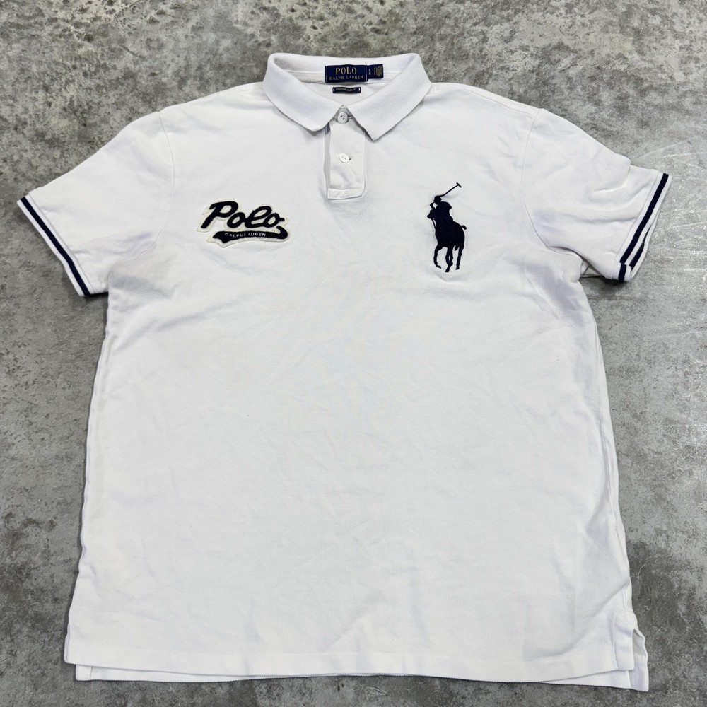 Polo Ralph Lauren Polo Shirt Mens Large White Custom Slim Fit Big Pony Logo