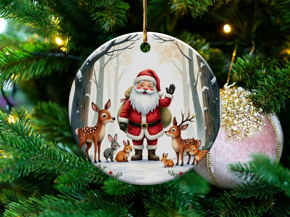 Christmas Ornament Featuring Santa and Woodland Animals for Festive Holiday Decor