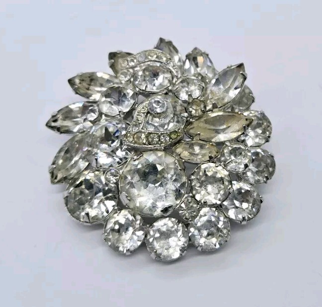 EISENBERG Brooch 3-D Layer Crystal Rhinestone Rhodium Plated Pin Large Floral 2