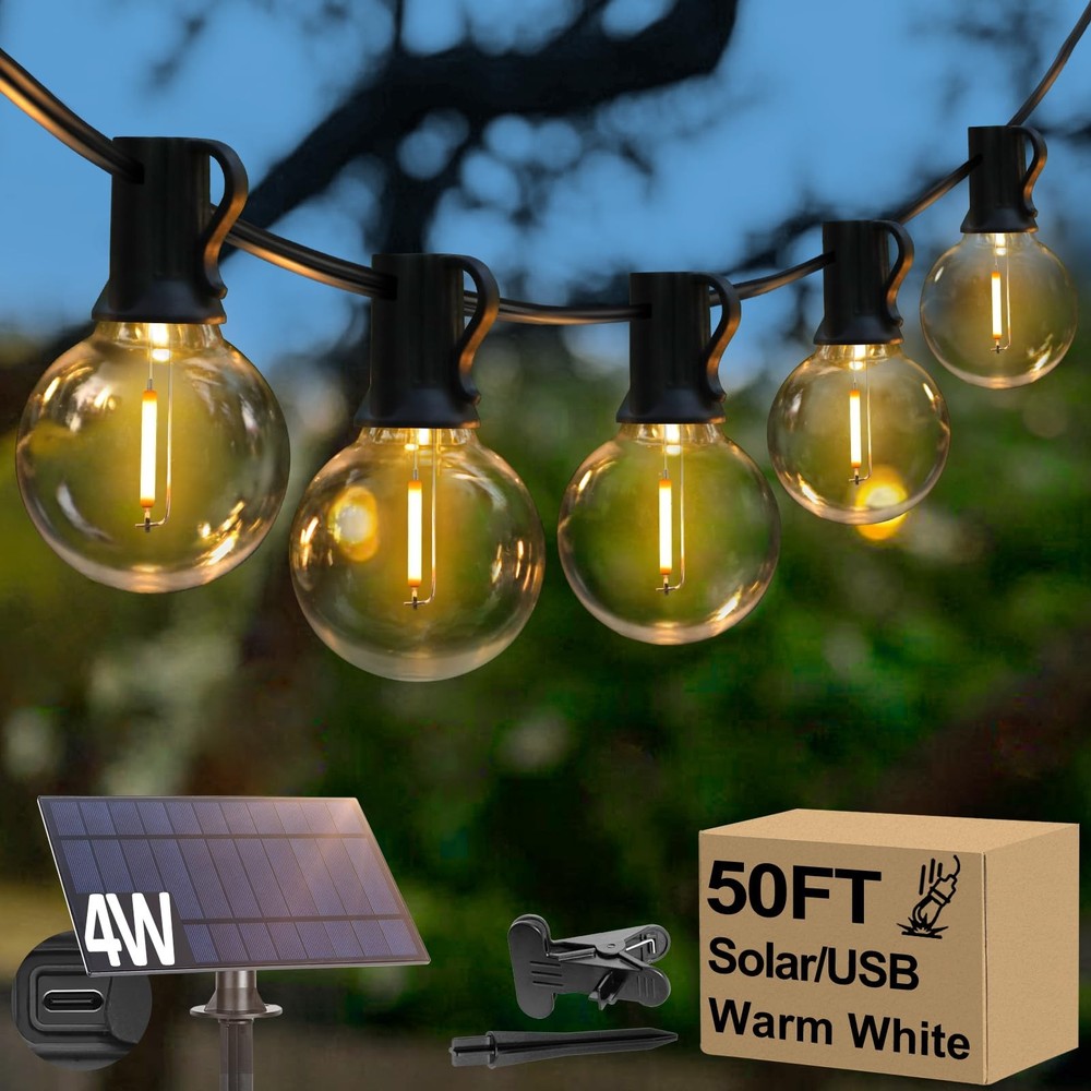 50FT Solar String Lights, Waterproof LED Outdoor String Lights, G40 Globe