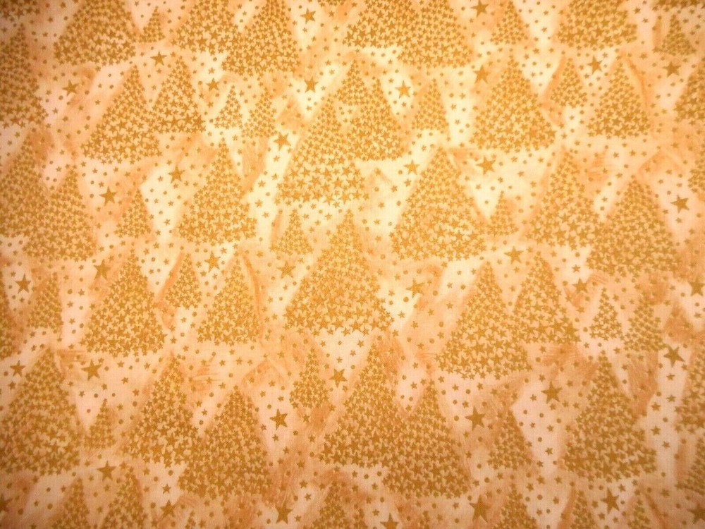 Christmas Fabric 1 3/8 Yard Metallic Gold Trees on Ivory Premium Cotton #23 Vtg