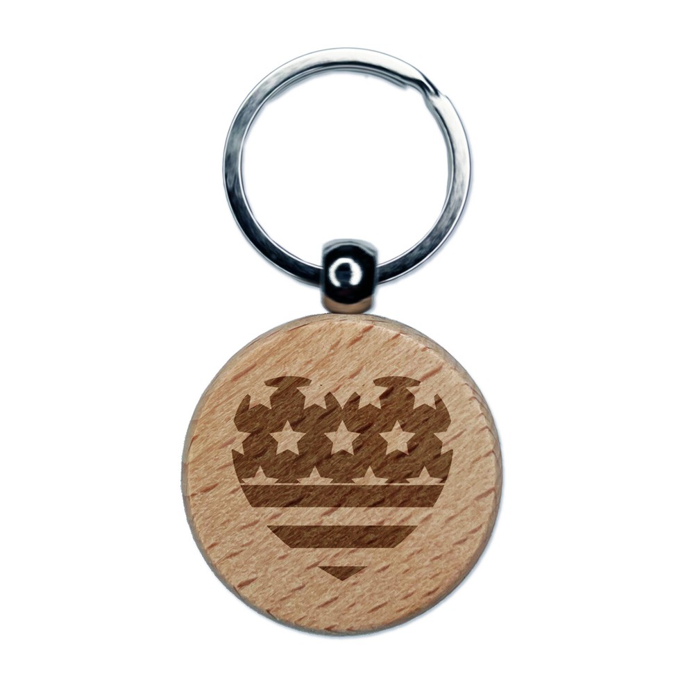 Patriotic Flag Heart July 4th Independence Day Engraved Wood Round Keychain