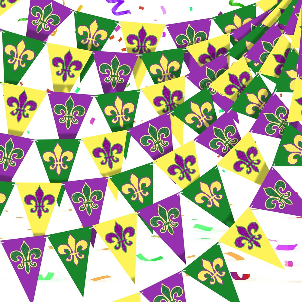 100Ft 120 Pcs Mardi Gras Decorations Mardi Gras Pennant Banner Yellow Green Purp
