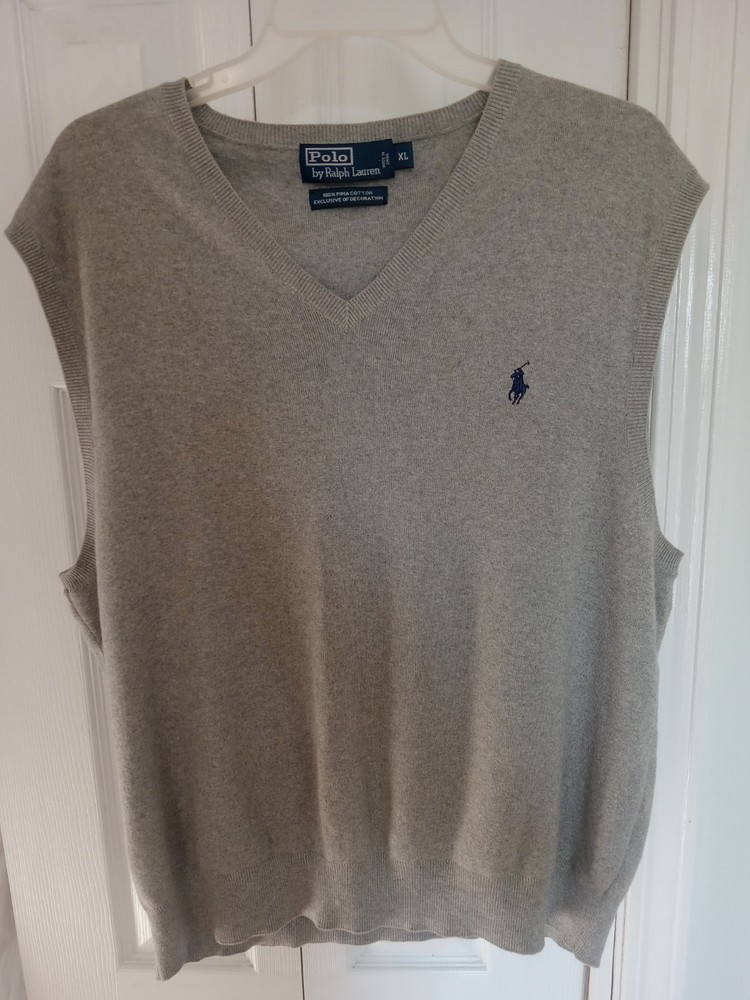 Polo Ralph Lauren Men's XL V-neck Sweater Vest Gray Pima Cotton Blue Pony Winter