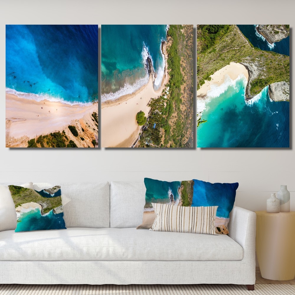 Designart 'Aerial View Of Blue Ocean With Beach' Nautical & Coastal Art Set of
