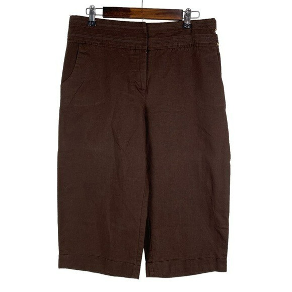 Cato Brown Wide Leg Linen Capri Pants Women's 12 Waist Side Buckle Embellishment
