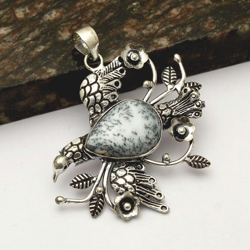 Dendrite Opal Gemstone Handmade Bird Pendant Necklace for Women 2.4 Inches AP-42959