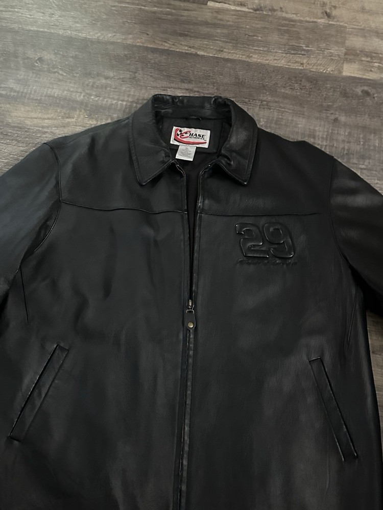 NASCAR Chase Authentic 2000s Black Leather Jacket Men's XL #29 Rare Vintage