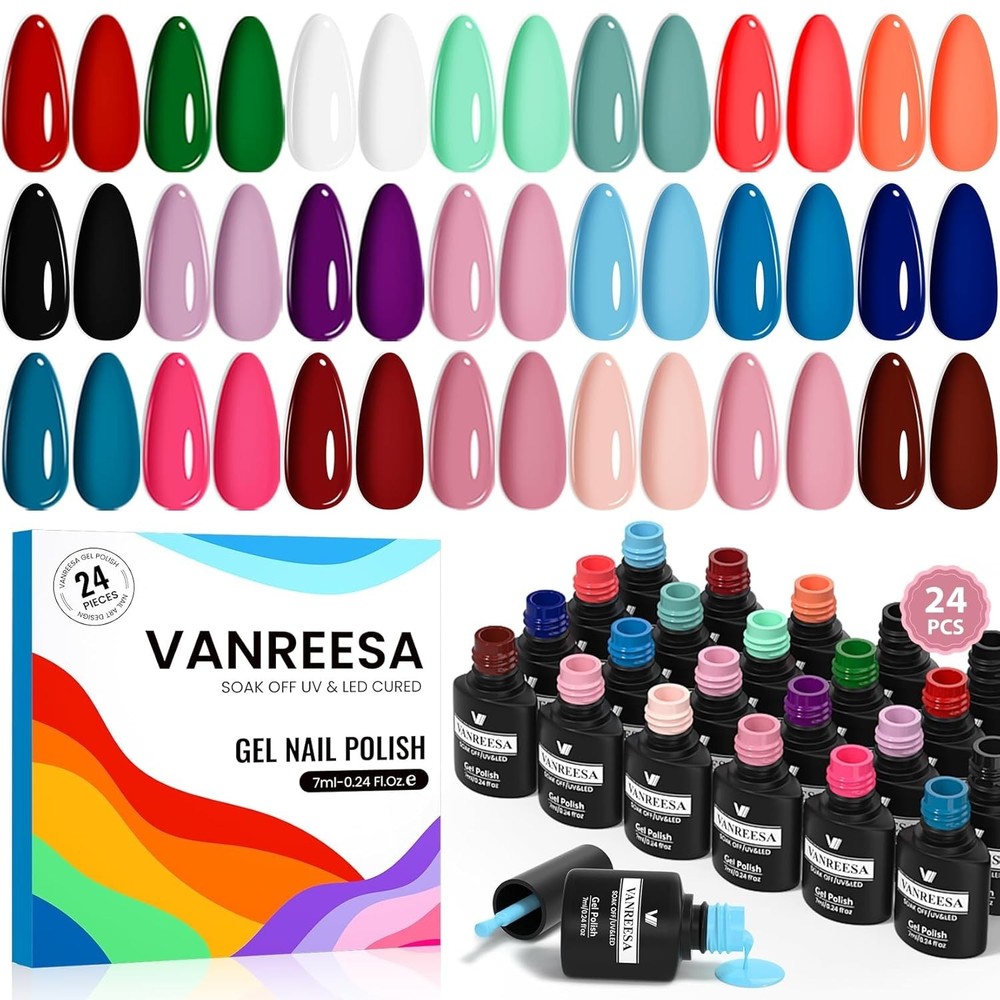 24 Pcs Gel Nail Polish Set 21 Popular Colors Gel Nail Polish Base Coat Glossy &