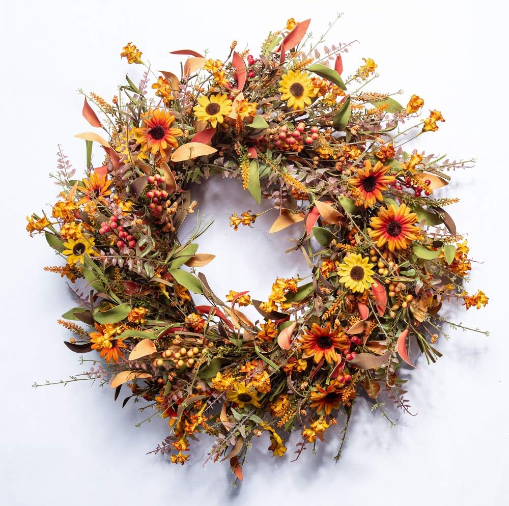 24 Inch Large Artificial Fall Wreath for Front Door Autumn Decor