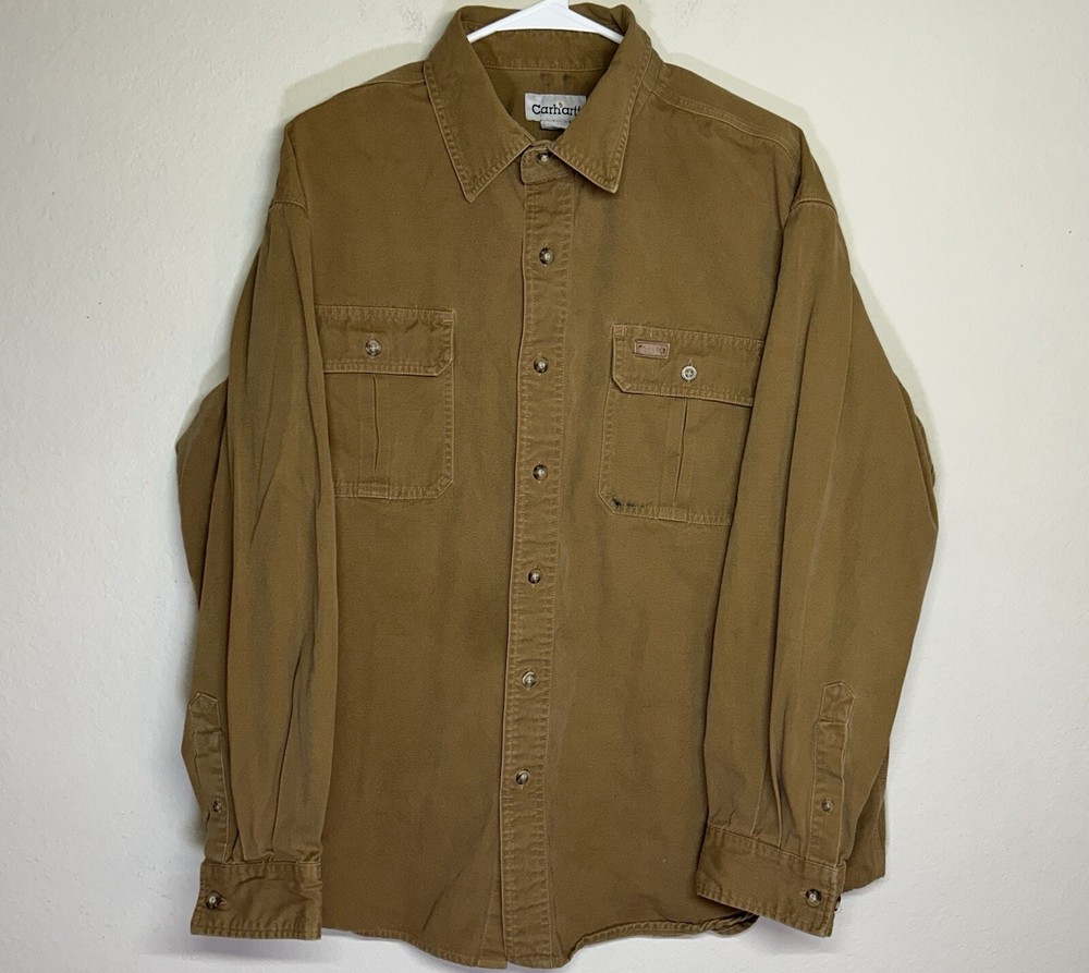 Carhartt Twill Button Up Shirt Mens XLarge Brown Long Sleeve Workwear