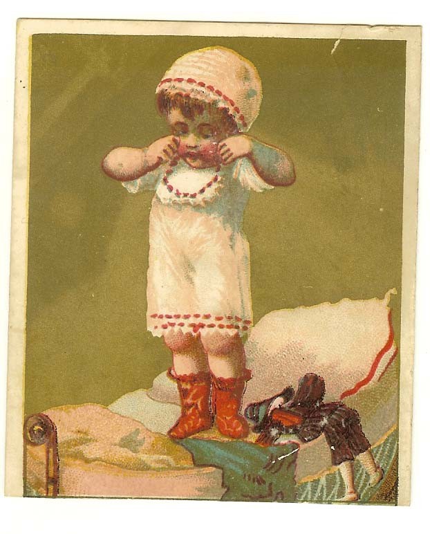 Victorian scrap 2 kids jumping on bed 1880-1890 tears of joy