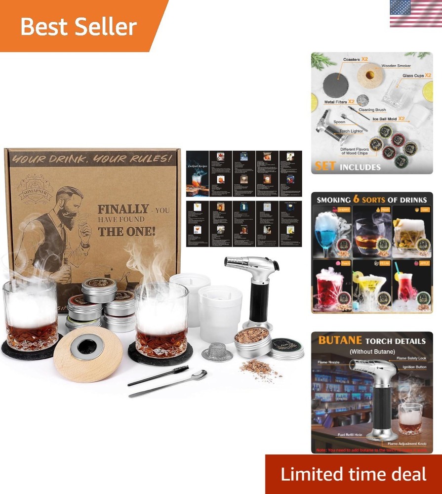 Whiskey Cocktail Smoker Kit with Torch and 6 Wood Chips – Ideal Gift for Men