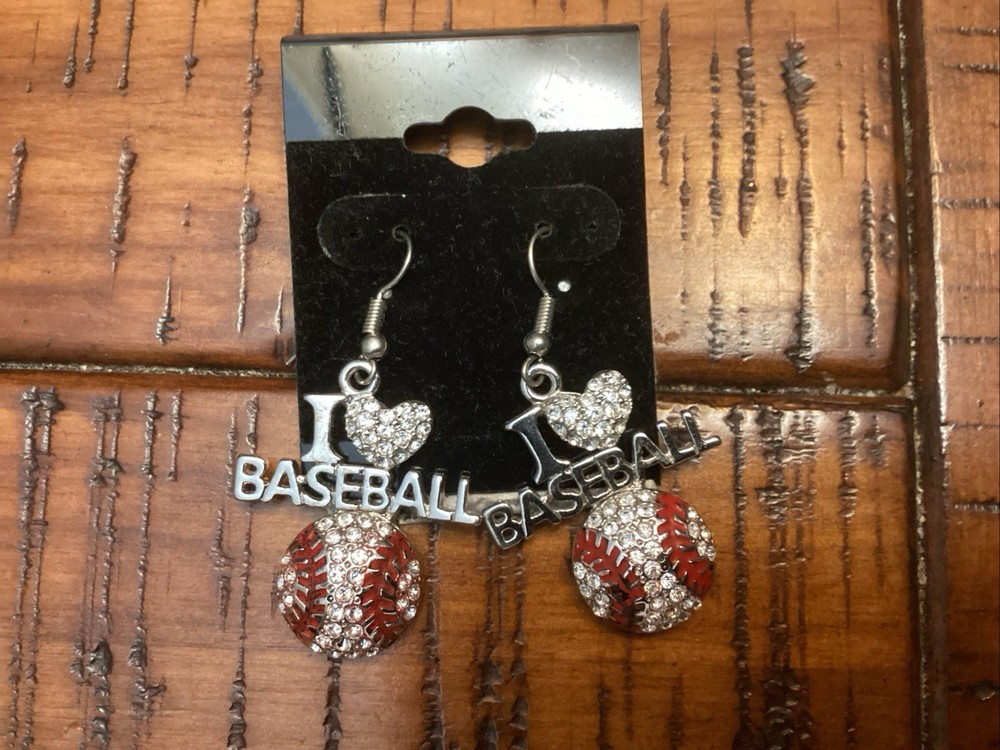 Crystal I Love Baseball Dangle Earrings