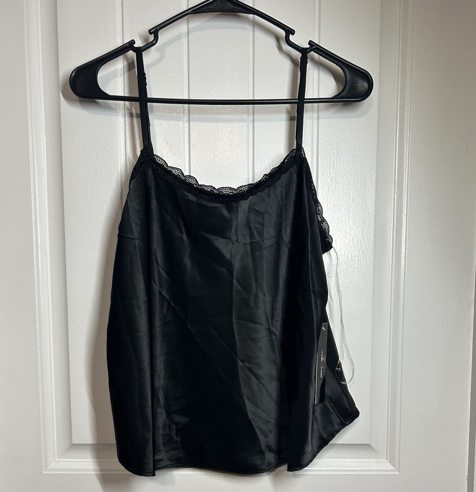 Black Satin Lace Trim Camisole Tank Top Women’s Spaghetti Strap Silky Cami