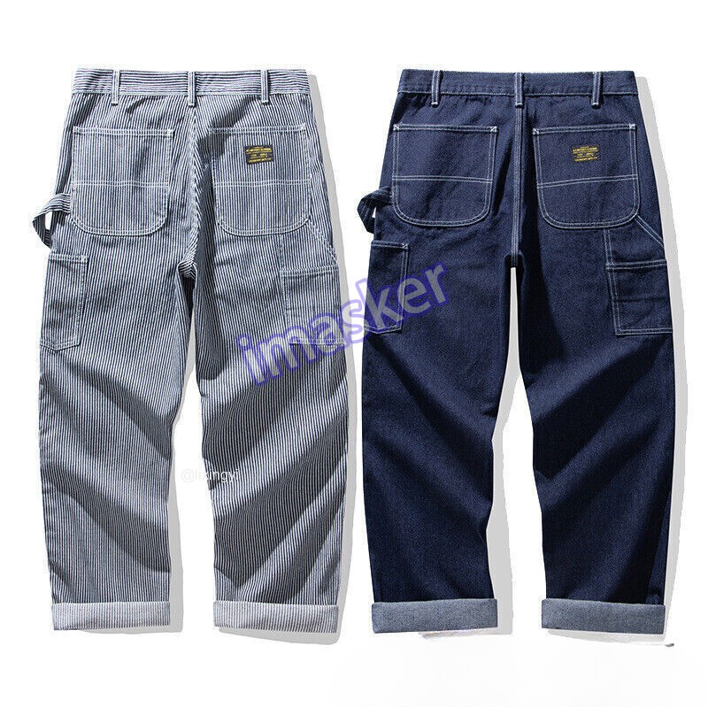 Men Primary Denim Jeans Railroad Stripe Worker Pants Straight Leg Cargo Trousers