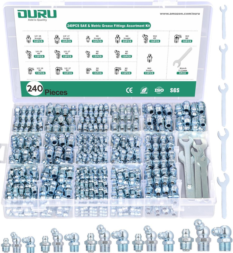 240PCS Zerk Grease Fittings Assortment SAE & Metric Wrench Kit