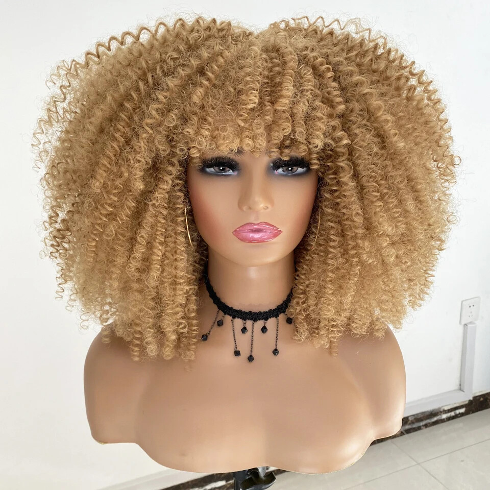16-Inch Short Kinky Curly Synthetic Wig with Bangs Glueless Heat-Resistant