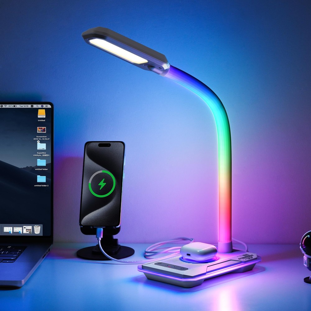 LED Desk Lamp with Wireless Charger, Interactive RGB Color Changing Gaming La...