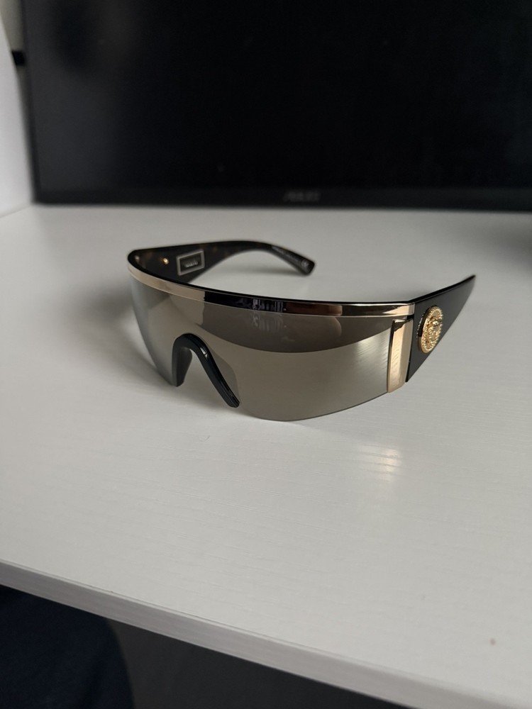 VERSACE 2197 Tribute Shield Brown Gold Mirror VE2197 Unisex Wrap Mask Sunglasses