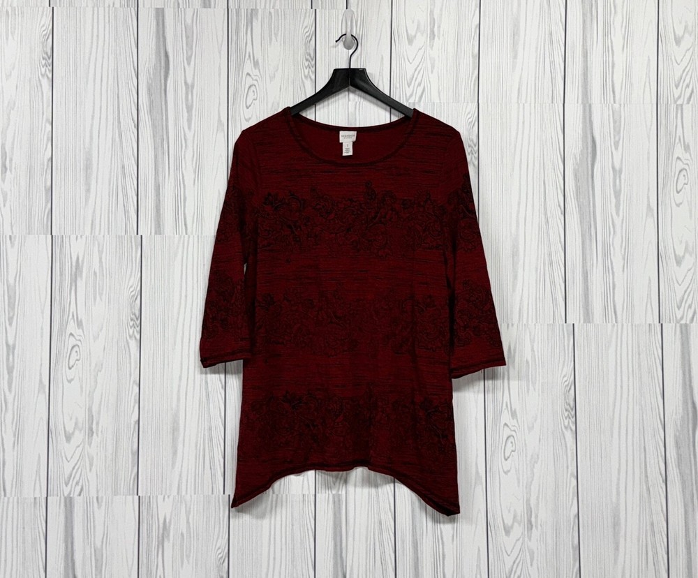 Chicos blouse womens size 1 long sleeve top red paisley patterned stretch