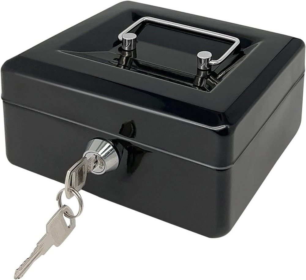 Steel Cash Box with Key Lock, Metal Small Money Black - 5.9