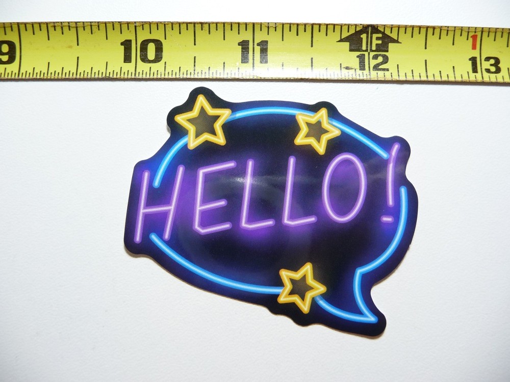 HELLO HAPPY EXCLAMATION STICKER DECAL NEON STYLE FUN PLAYFUL COLORFUL