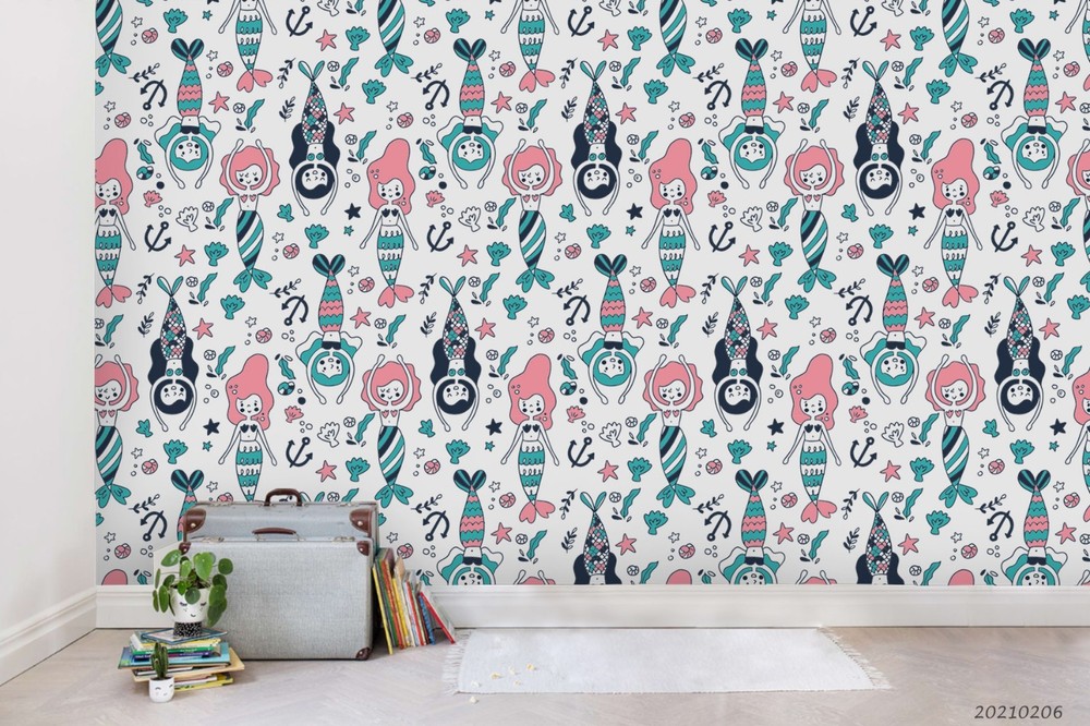 3D Mermaid Coral Seashell Pattern Wall Murals Wallpaper Murals Wall Sticker