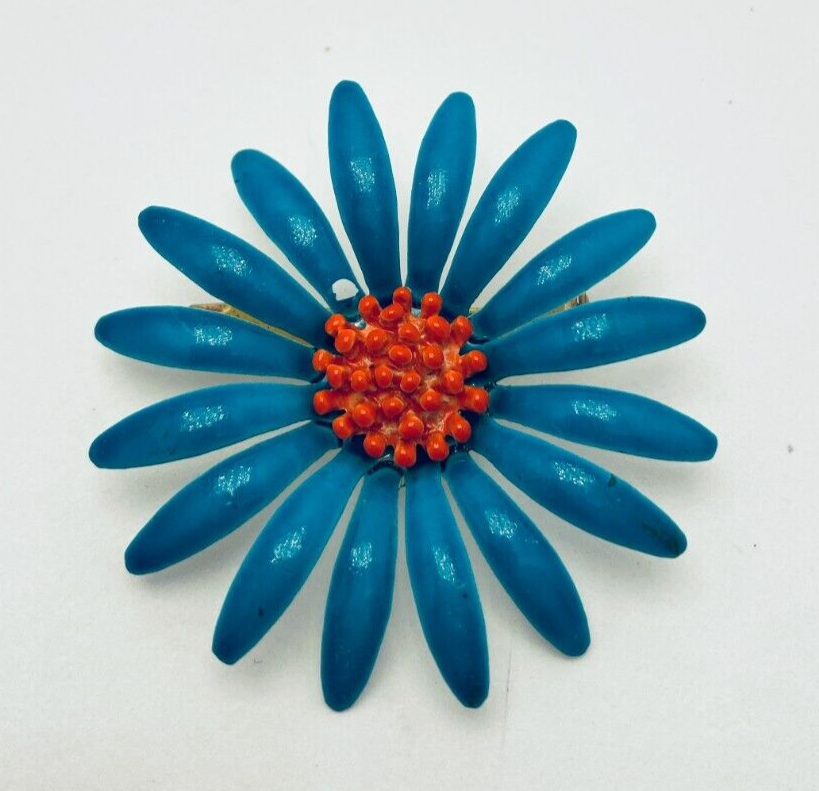 Vintage Mid-Century Blue Red Orange Daisy Enamel Flower Brooch Pin