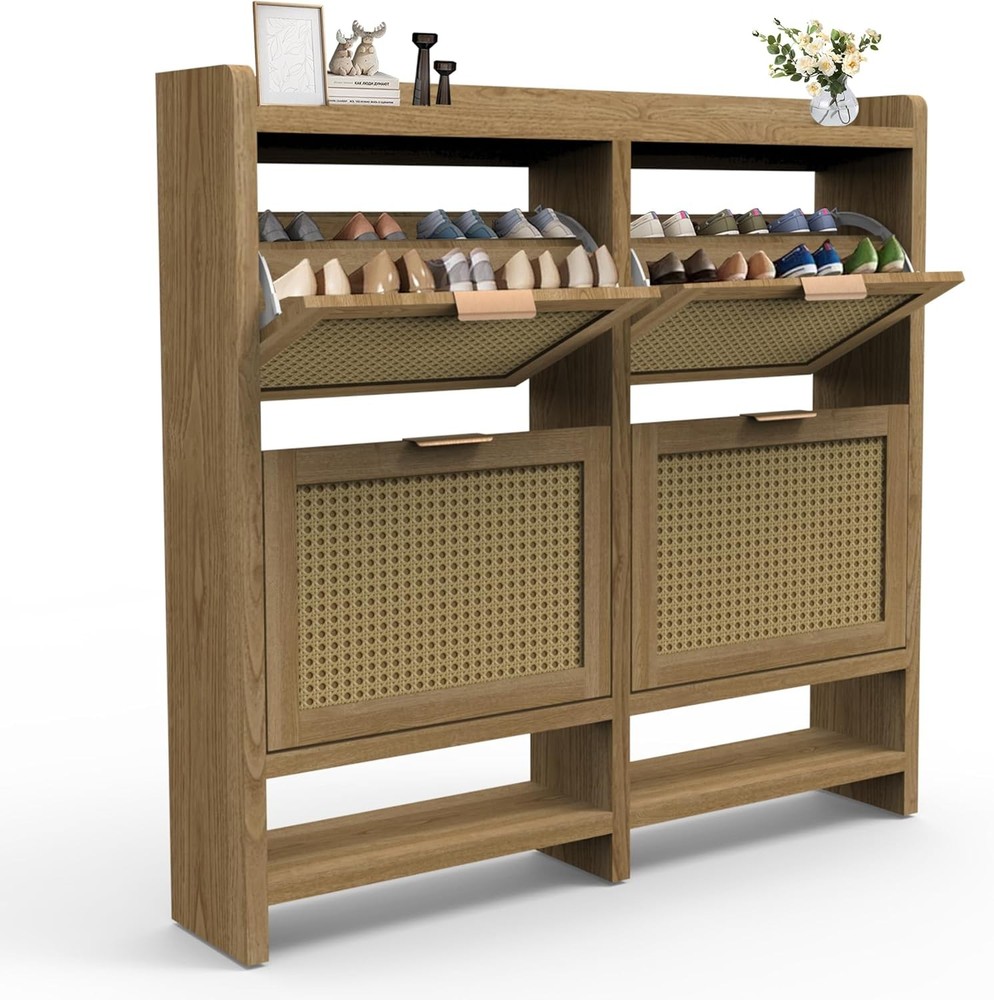 4-Door Rattan Shoe Cabinet with Flip Drawers and Storage Shelf - Freestanding Design