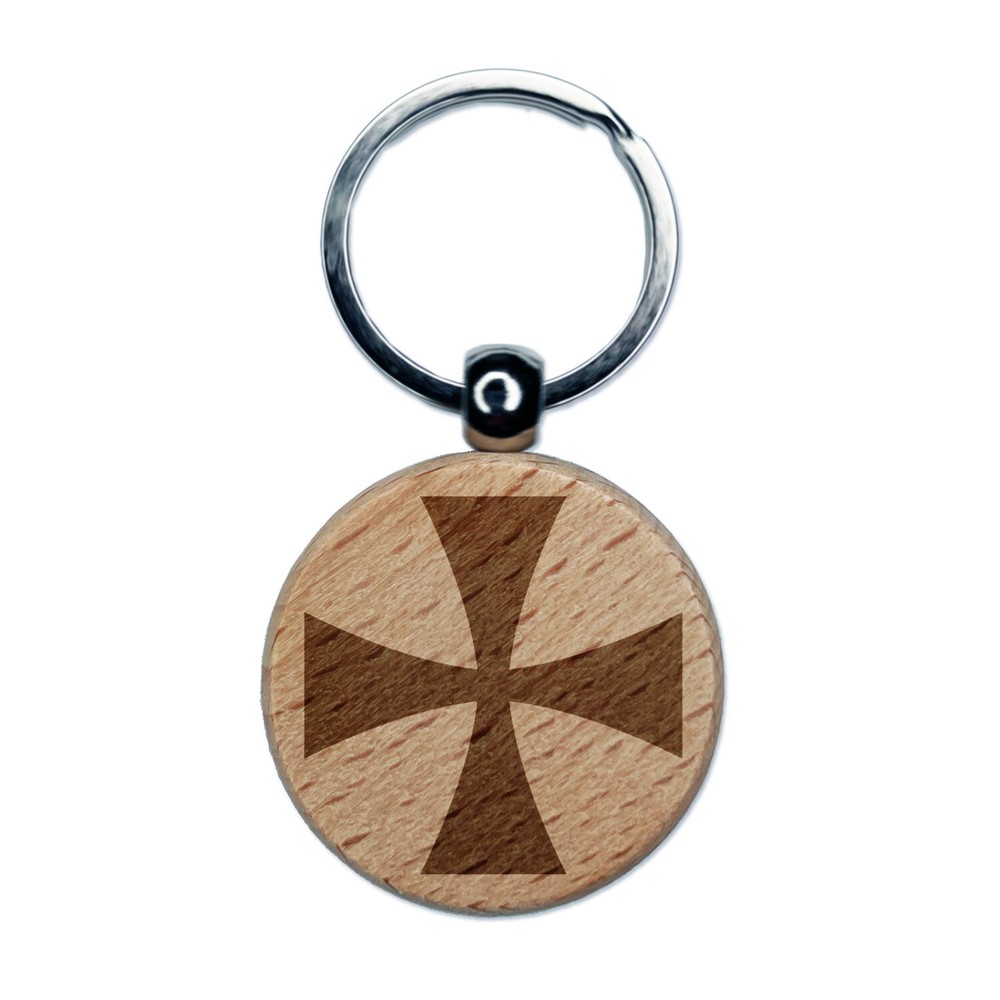 Templar Cross Engraved Wood Round Keychain Tag Charm