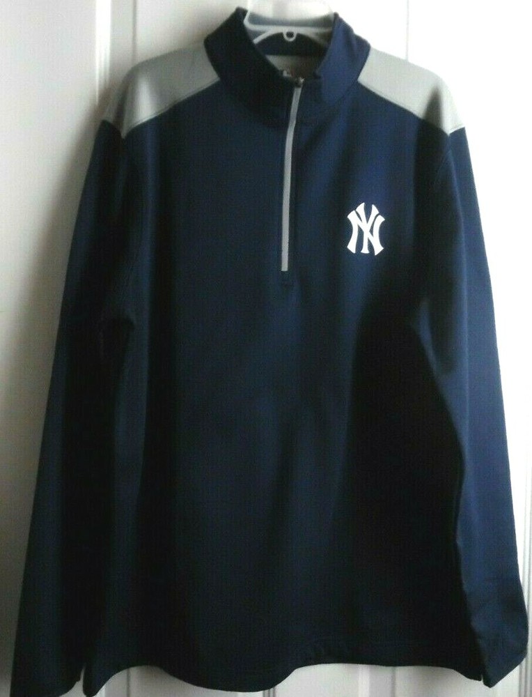 NEW YORK YANKEES PULLOVER JACKET LONG SLEEVE MLB NAVY BLUE GRAY ZIP NECK NWT L