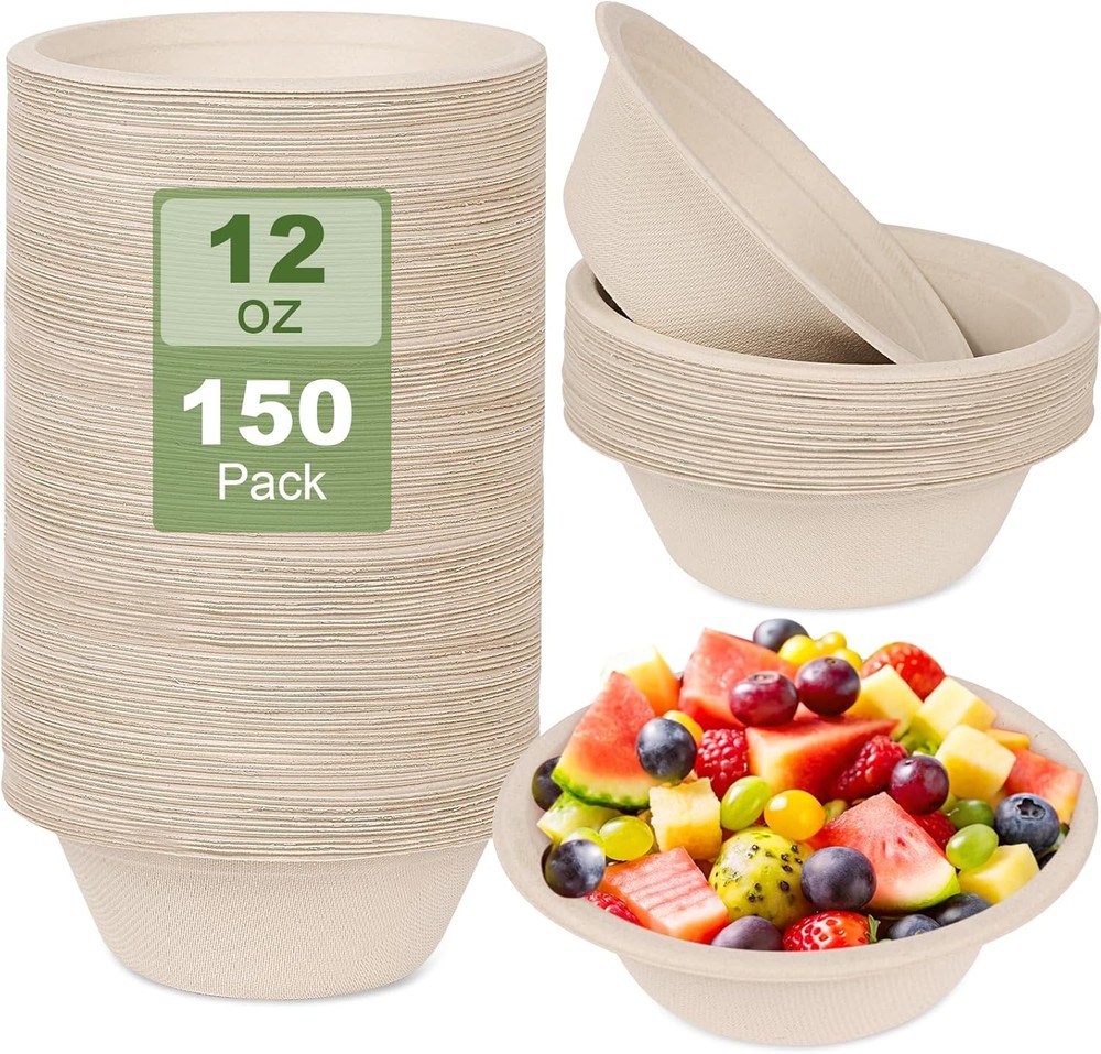 150 Pack Paper Bowls Disposable 12 OZ - Heavy-Duty 100% Compostable Eco-Friendly