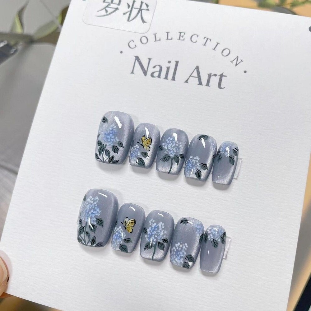 Handmade Flower Butterfly Purple False Nail Short Coffin Press on Nail Nail Art