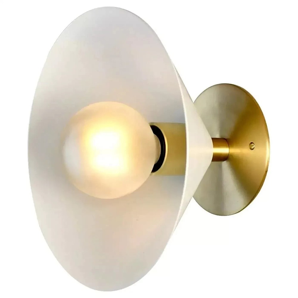Handmade Mid-Century Modern Brass Wall Sconce with White Curved Shade