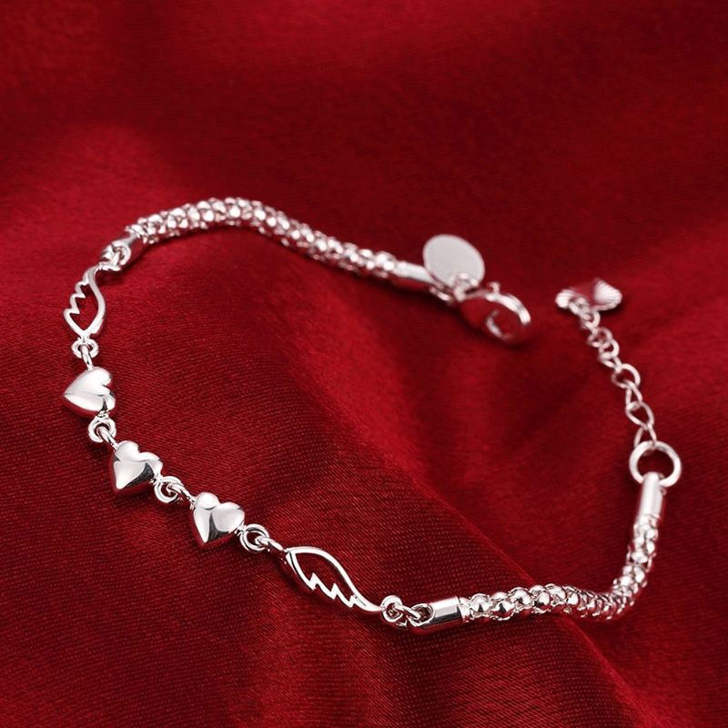925 Sterling Silver Love Heart Charm Beaded Anklet for Women