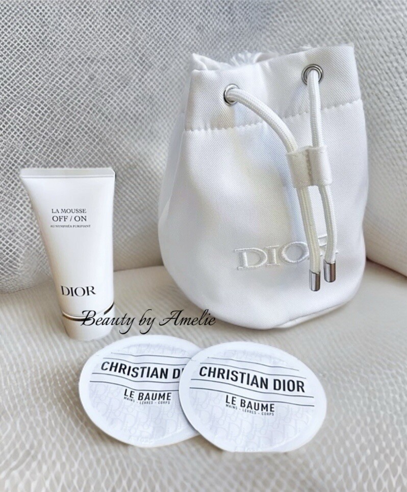 DIOR White Drawstring Pouch with Mousse 1.7oz and Skincare Samples