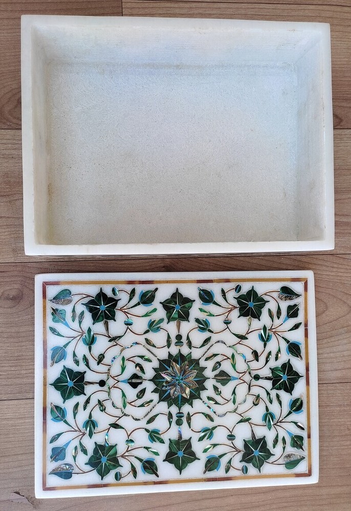 White Marble Box Malachite Floral Art Filigree Work Decor Cyber Monday Sale-image