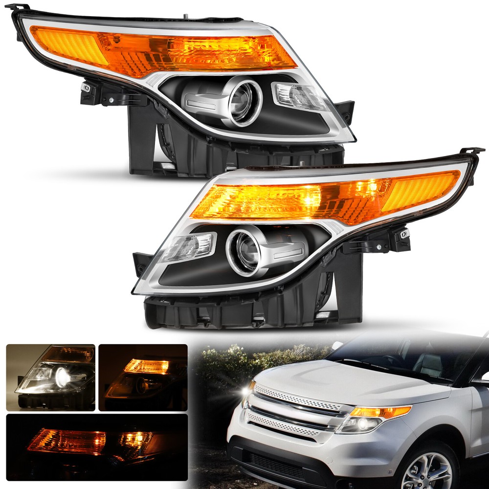 Black Housing Amber Corner Projector Headlights W/Bulbs For 11-15 Ford Explorer