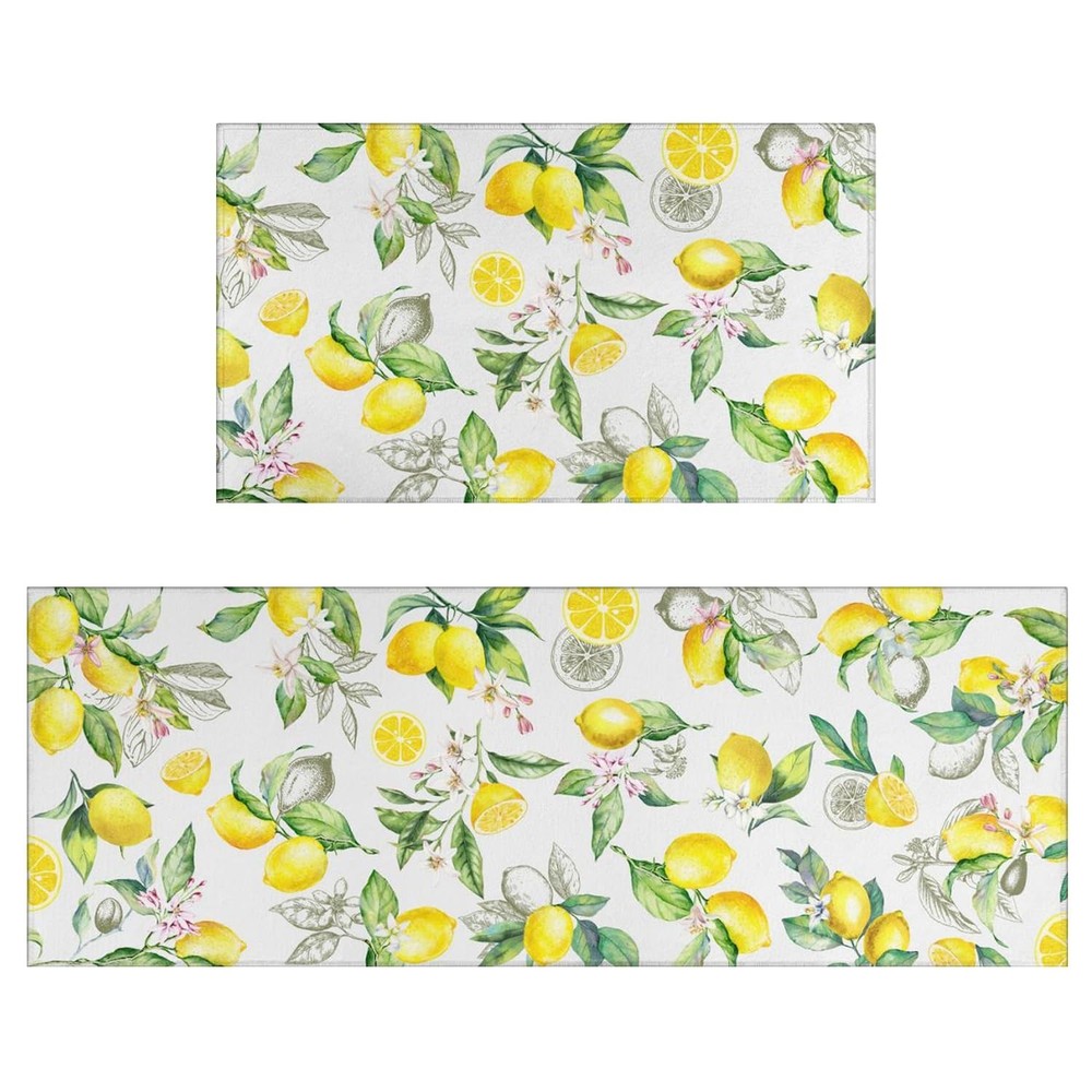 Lemon Kitchen Rugs Set of 2 Non-Slip Farmhouse Style Mats for Floor Decor